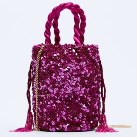 Zara Handbags - Zara Sequin Bucket Bag Fuchsia NWT